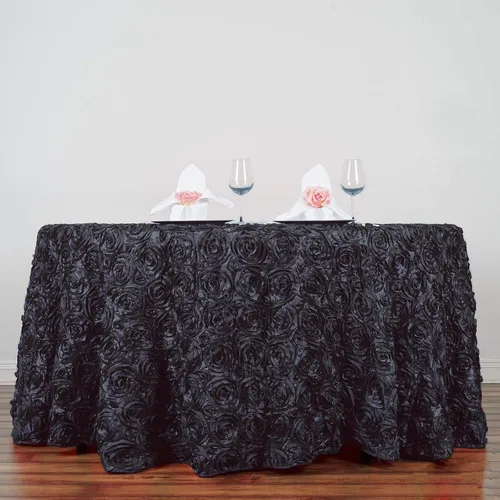 Vista 2 de Mantel redondo con rosetas elevadas de satén negro de 120 pulgadas, para bodas, fiestas, comedor