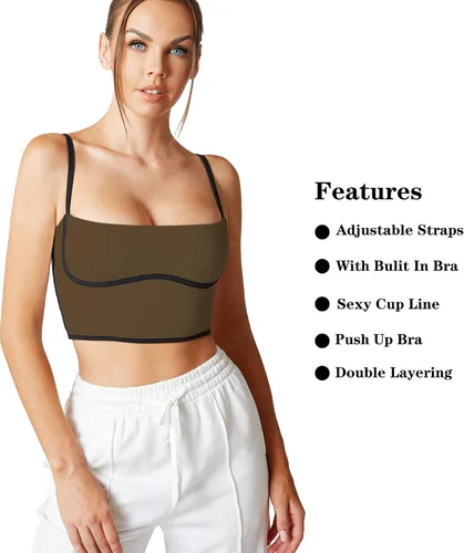 Vista 4 de Move With You Sujetador deportivo sin mangas con tirantes delgados, acolchado, cuello cuadrado, doble capa, entrenamiento, fitness, básico, crop tops