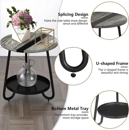 Vista 7 de Mesa de centro de 2 niveles para sala de estar, mesa de centro redonda de estilo industrial con bandeja de metal, mesa de centro pequeña de madera