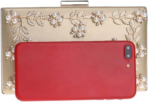 Vista 5 de TENDYCOCO Bolso de noche floral con cuentas para banquete, bolso de cóctel de perlas para mujer (dorado), Oro