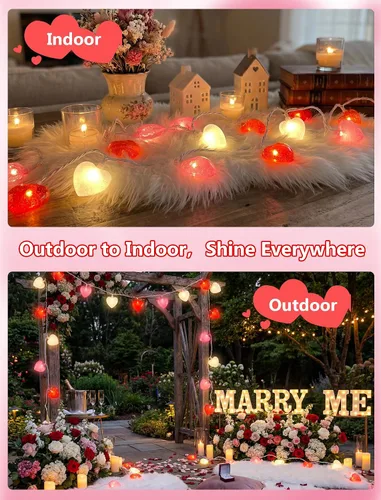 Vista 4 de Tira de luces de corazón enchufables, luces de San Valentín de 8.5 pies para interiores y exteriores, con forma de corazón, con 10 LED