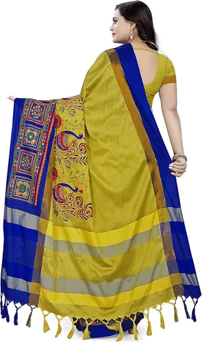 Vista 3 de Indian Hawker Sari de seda de algodón para mujer, bordado de sari de trabajo, estilo moderno, con blusa sin costuras