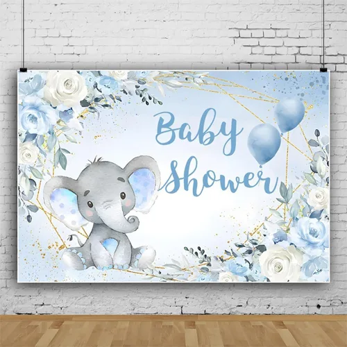 Vista 2 de Telón de fondo de elefante de 5 x 4 pies para baby shower, fondo de flores azules para fotografía, revelación de género, cartel de fiesta de niño