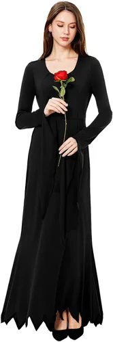 Vista 2 de Joy Bang Morticia Addams Disfraz para mujer, vestido de bruja gótica de Halloween, manga larga, largo hasta el suelo, vestido largo sexy
