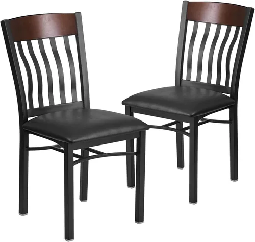 Vista 9 de Flash Furniture Eclipse Series Silla de restaurante con respaldo vertical de metal negro y madera de nogal con asiento de vinilo negro