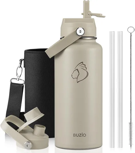 Vista 124 de BUZIO Botella de agua aislada de 24 oz, frasco de agua de boca ancha de acero inoxidable con tapa de pajita, frío durante 48 horas a prueba de Negro