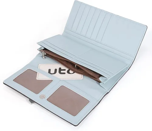 Vista 3 de UTO Cartera RFID para mujer, de gran capacidad, de piel sintética, tarjetero, funda para teléfono, bolsillo con cremallera, embrague