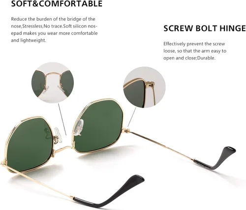 Vista 2 de Hipster. - Lentes de sol polarizados hexagonales para hombre y mujer, diseño geométrico, cuadrados, pequeños, marco de metal vintage, gafas de sol