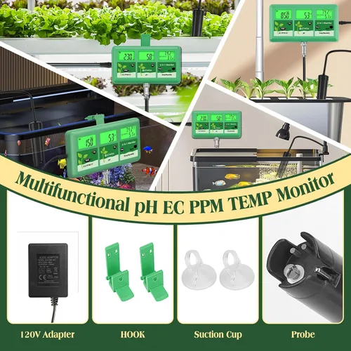 Vista 4 de Monitor continuo de pH EC para hidropónico, medidor de pH EC PPM WiFi 6 en 1, probador digital de pH TDS temperatura humedad para sistema