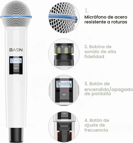 Vista 5 de BASN UHF Sistema de micrófono inalámbrico de mano de doble canal (negro)