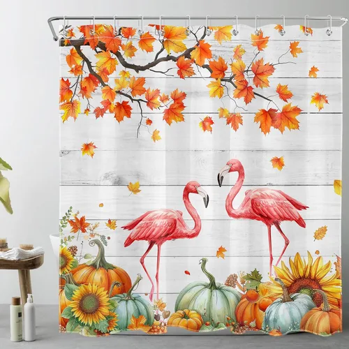 Vista 15 de HVEST Cortina de ducha con ganchos, calabaza espeluznante y fantasma con sombrero de bruja negro, juego de cortina de ducha naranja con flores