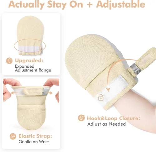 Vista 3 de HAPIU Manoplas para bebé que no se rayan, 100% algodón transpirable, guantes ajustables para niños y niñas, recién nacidos, 12 M