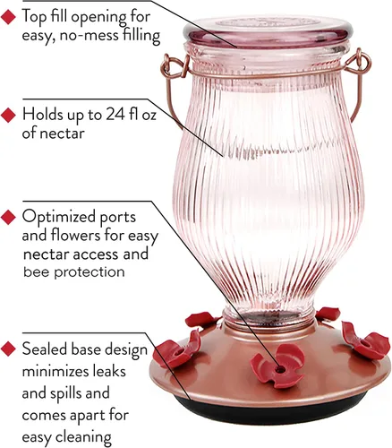 Vista 9 de Perky-Pet 9104-2 Alimentador de colibrí de cristal con relleno superior de oro rosa de 24 onzas de capacidad