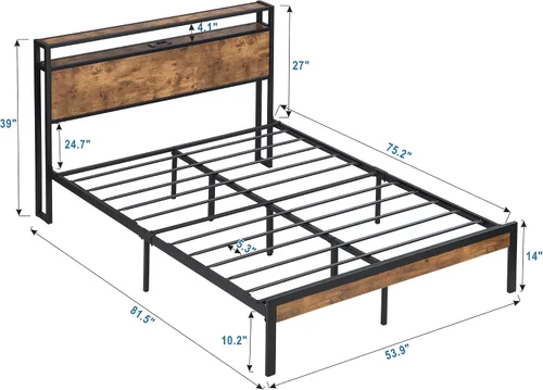Vista 2 de Marco de cama de plataforma de metal resistente de 14 pulgadas con cabecero y estribo de madera, plataforma de metal, gran almacenamiento debajo