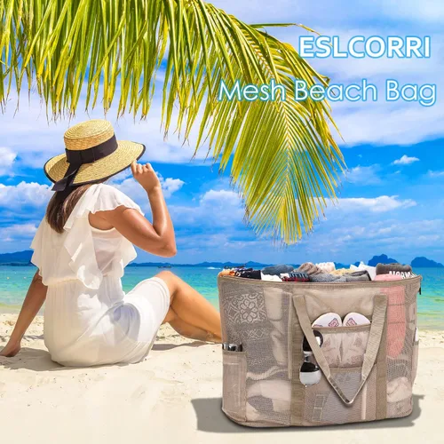 Vista 7 de Eslcorri Bolso de playa de malla Bolsa de playa extra grande con 11 bolsillos plegable bolsa de hombro para mujer