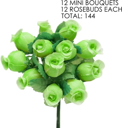 Vista 4 de GiftWrap Etc. Rosas artificiales de seda verde manzana, 12 mini ramos de 12 capullos de rosa, 144 capullos de rosa en total, boda, recepción