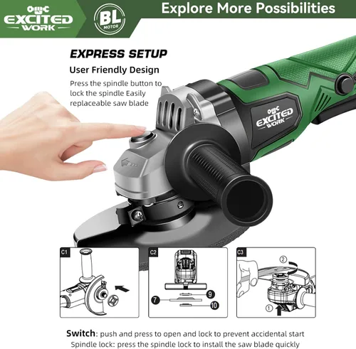 Vista 3 de Amoladora Angular Inalámbrica, Herramientas Eléctricas Amoladora Eléctrica de 20V 5 pulgadas con 2 x Baterías de 4.5Ah, Mango Ajustable, Motor sin
