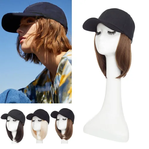 Vista 6 de S-noilite Peluca de gorra de béisbol de 6 pulgadas con peinado Bob y extensiones de cabello, gorra de béisbol recta ajustable para mujer