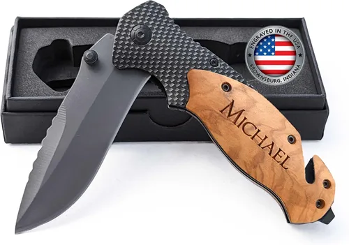 Vista 7 de Cuchillo de bolsillo con mango de madera grabado personalizado - Regalo personalizado para hombres