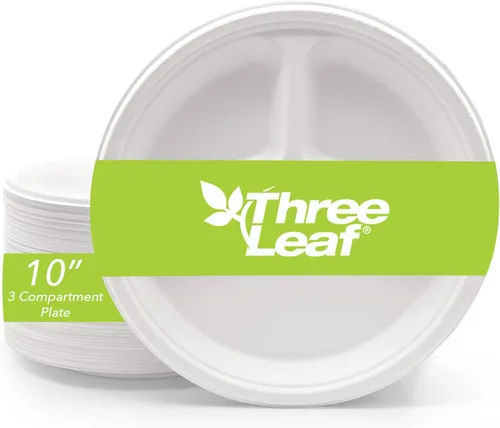 Vista 17 de three leaf platos redondos de bagazo de 10 pulgadas con 3 compartimentos, 25 unidades. Platos de bagazo desechables, 100 % biodegradables
