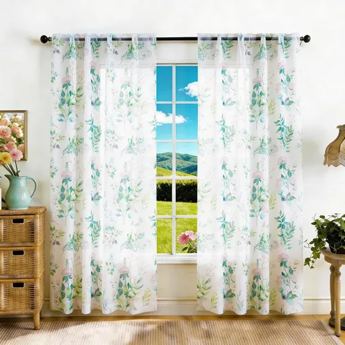 Vista 21 de youleyar Cortinas traslúcidas florales para sala de estar, 2 paneles de 54 pulgadas de largo, cortinas semitransparentes blancas con estampado