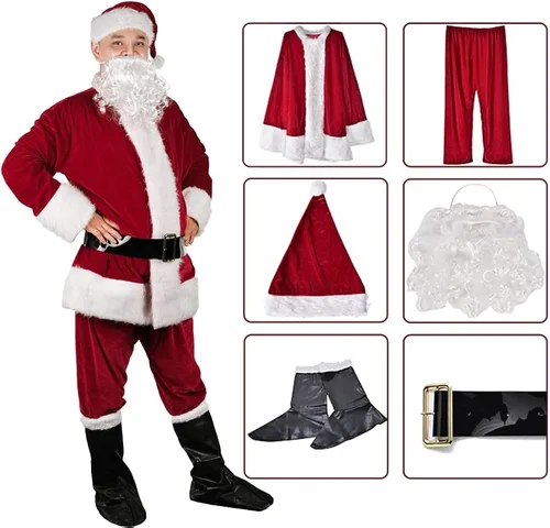 Vista 2 de KLLOUZE Christmas Santa Claus Suit Adult Mens Santa Costume Xmas Classic Flannel Cosplay Clothes Santa Fancy Suits Outfit