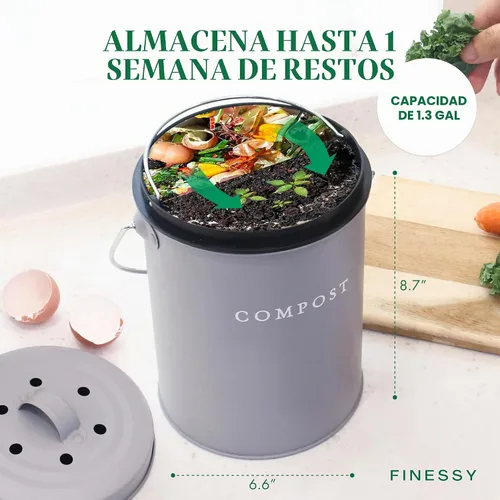 Vista 6 de FINESSY - Contenedor de compostaje para encimera con tapa, pequeño, compostador de cocina para interiores Gris nórdico.