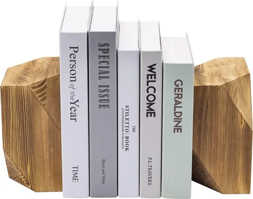 Vista 7 de MyGift Sujetalibros decorativos de madera de latón, diseño triangular, escritorio de oficina, extremos de libros de madera, soporte para libros