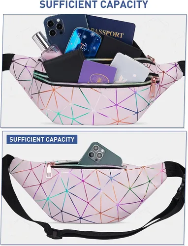 Vista 3 de Livacasa - Cangurera holográfica linda, brillante e impermeable para mujer, cangurera para viajes, fiestas, festivales, correr y senderismo