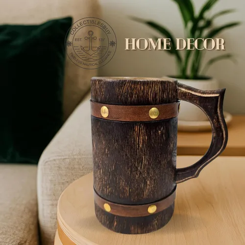 Vista 2 de collectiblesBuy Taza de cerveza de madera medieval rústica, hecha a mano, jarra vintage para cerveza, café y aguamiel, regalo ecológico