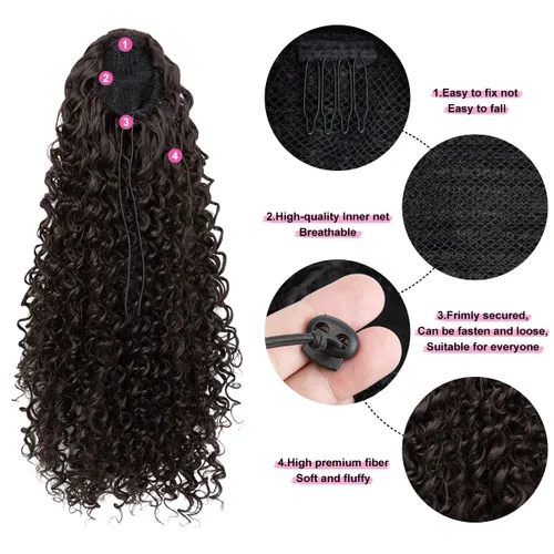 Vista 4 de Extensiones de cabello con cordón en forma de cola de caballo rizada para mujeres negras de 16 pulgadas de largo, peluca sintética afro esponjosa