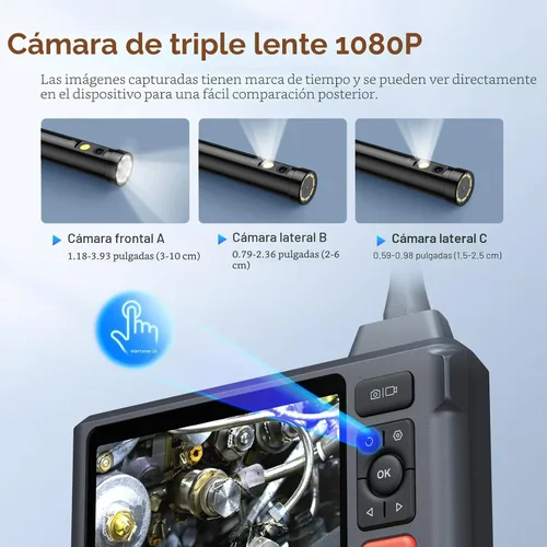 Vista 2 de Herramienta de boroscopio de triple lente, cámara endoscopio DEPSTECH con pantalla IPS de 5 pulgadas y luces, cámara de inspección de alcantarillado