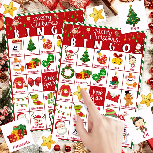 Vista 5 de Officygnet Juego de bingo de Navidad para niños, tarjetas de bingo de Navidad para 32 jugadores para actividades familiares, grupos grandes, aula