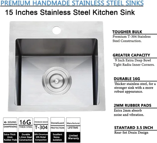 Vista 4 de SHACO Fregadero de barra de 15 x 15 pulgadas, fregadero de cocina pequeño de acero inoxidable de 15 pulgadas, fregadero de cocina pequeño de un solo