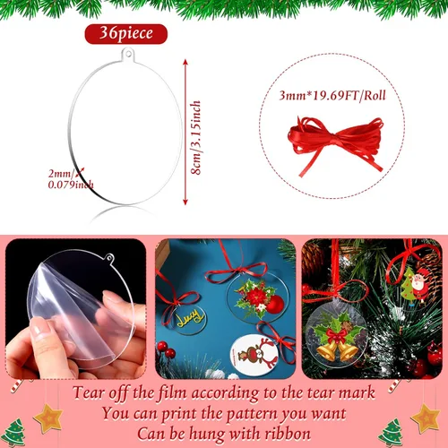 Vista 4 de 36 adornos acrílicos transparentes de plástico redondo para manualidades con cinta roja, decoración navideña para proyectos de arte, pintura