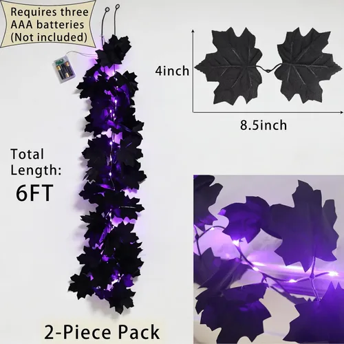Vista 2 de Halloween Decor-2Pcs Black Maple Leaf Garland,Battery Operated String Light 6.5 Ft 30LED Purple Lights for Fireplace,Porch,Table,Wall,Party,Indoor