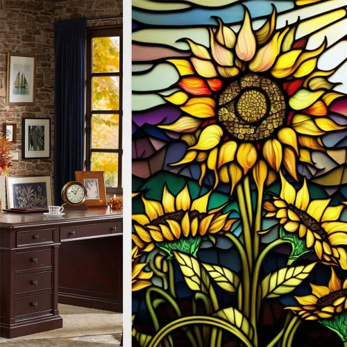 Vista 5 de Película de privacidad para ventana, película de vidrieras de girasol, película de privacidad extraíble para ventana, adhesivo estático decorativo