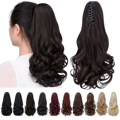 Vista 53 de Cola de caballo con clip, color castaño rojizo, ondulado de 10 pulgadas, extensión de cola de caballo de 3.3 onzas, extensiones de cabello sintético