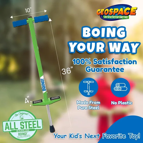 Vista 4 de Geospace Jumparoo BOING! JR. Steel POGO STICK by Air Kicks, pequeño para niños de 50 a 90 libras, diversión activa al aire libre que promueve