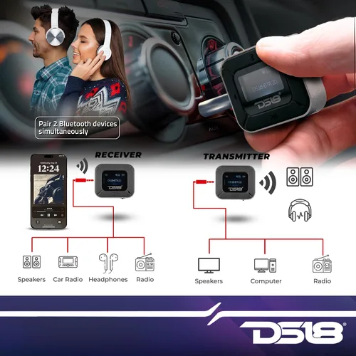 Vista 3 de DS18 BTR2D - Receptor transmisor inalámbrico Bluetooth 5.0 2 en 1 para automóvil, hogar, TV, PC, auriculares, dispositivos duales simultáneamente