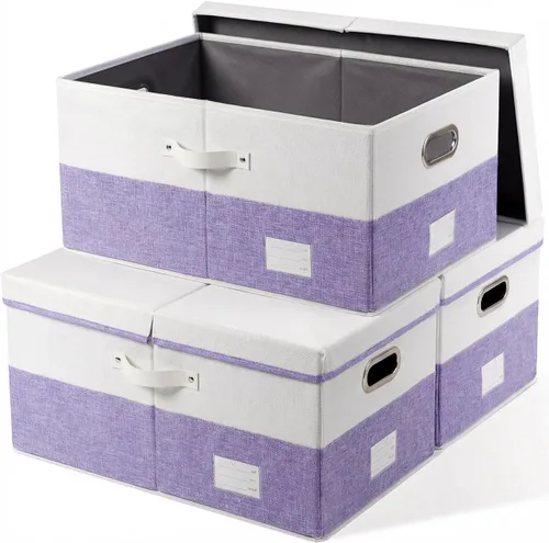 Vista 46 de PRANDOM Contenedores de almacenamiento con tapas [paquete de 3] cajas de almacenamiento plegables de tela de lino, canastas organizadoras, cubos