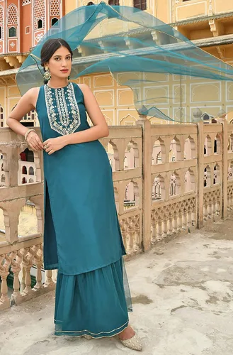 Vista 3 de Janasya Indian - Kurta bordada de seda de poliéster verde azulado para mujer con Sharara y Dupatta