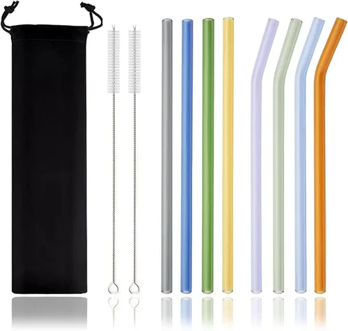 Vista 20 de JASHII Pajitas de vidrio reutilizables, pajitas transparentes de 7.87 x 0.3 pulgadas con cepillo limpio, estuche de viaje negro para bebidas Azul