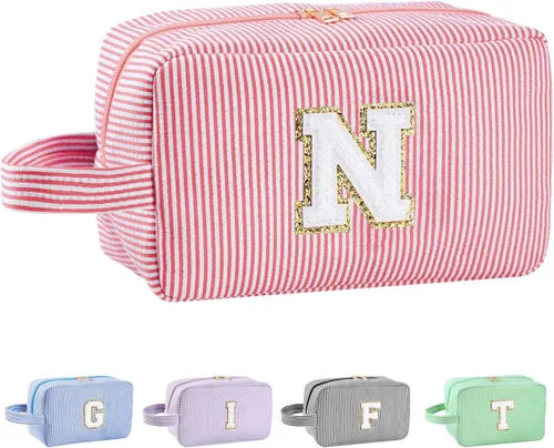 Vista 81 de Bolsa de maquillaje personalizada con inicial A-Z para mujeres, niñas y niños, bolsa de aseo de viaje, bolsa de maquillaje preparada, bolsa