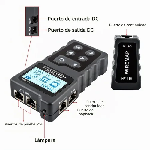 Vista 7 de NOYAFA NF-488 - Probador de cable POE para alimentación sobre Ethernet, comprobación de continuidad de cable de red, detector de bucle invertido POE