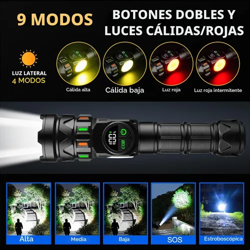 Vista 3 de Linternas recargables de alto lúmenes 5000 de larga distancia, luces LED superbrillantes con luz lateral COB pantalla LCD USB C, fuente de luz dual