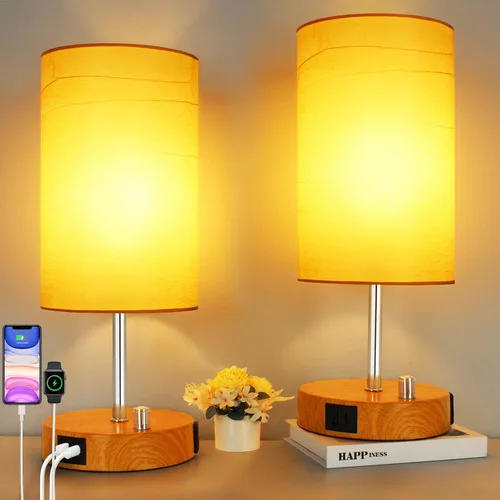 Vista 14 de HiBay Lámpara de mesita de noche regulable de 17.75 pulgadas con estación de carga, 2 puertos USB y salida de CA, luz rústica de grano de madera