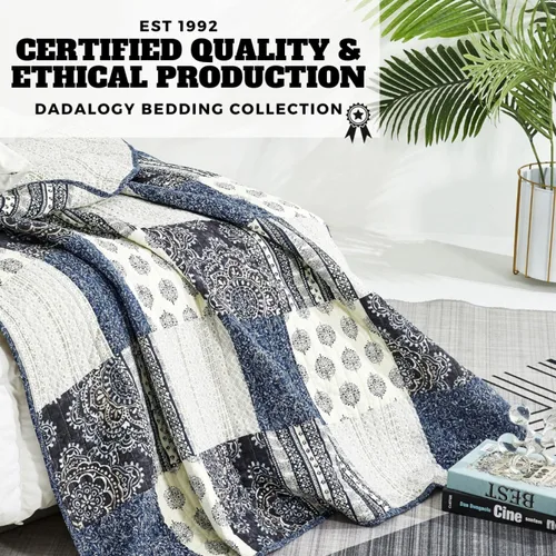 Vista 11 de DaDa Bedding - Juego de colcha de tela vaquera, diseño floral, 100 % algodón, bohemio, chic, ligero, acolchado, a rayas, medallón de cachemira