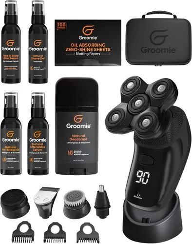 Vista 8 de GROOMIE Paquete sin pelo, no importa, afeitadoras eléctricas 5D BaldiePro para hombres calvos, aceite natural para preafeitado para promover