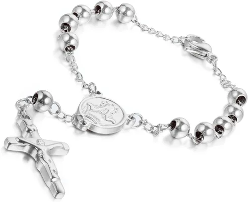 Vista 5 de Cupimatch Pulsera religiosa de acero inoxidable con cuentas de rosario y cruz para hombres y mujeres, 8.6 pulgadas, color dorado
